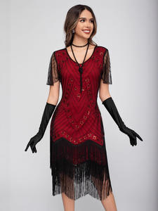 Europeo americano Retro 1920 Gatsby vestido <span class=keywords><strong>de</strong></span> baile lentejuelas borla con cuentas manga corta A-Line <span class=keywords><strong>fiesta</strong></span> silueta <span class=keywords><strong>para</strong></span> <span class=keywords><strong>Amazon</strong></span> Cross Border - Product Image 4