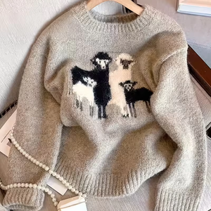 Suéter de Punto de Lana de Oveja para Mujer, Invierno 2026, Cuello Redondo, Manga Larga, 100% Acrílico, Jersey con Diseño de Animal - Product Image 1