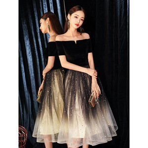 Women's Off Shoulder Velvet Evening Dress A Line With Tulle Skirt For Banquet Party Spring 2026 New Style Black Slim Fit - Product Image 1