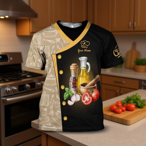 Camiseta de Chef con Nombre Personalizado, Uniforme de Cocina, Diseño Gráfico de Aceite de Oliva, Ajo y Tomate, Regalo Culinario para Cocineros - Product Image 3