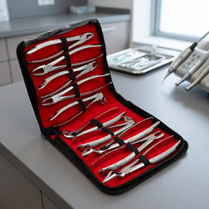Ensemble de 10 pinces dentaires en acier inoxydable, poignée moletée argentée, instruments chirurgicaux de classe I, étui rouge - Product Image 4