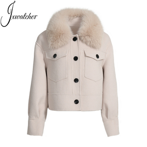 Wholesale Single Breasted Cropped Cashmere <strong>Women</strong> <strong>Coat</strong> Fluffy Real Fur Collar Elegant Custom Soft Double Faced Wool Winter <strong>Coat</strong> - Product Image 1