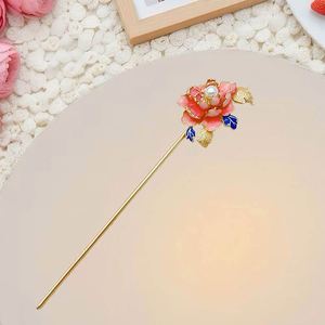 Épingle à cheveux de luxe rétro chinoise ancienne, motif pivoine riche, bâtonnet à cheveux fleur rose, accessoires pour femmes - Product Image 3