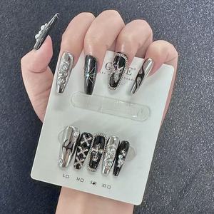 <span class=keywords><strong>Uñas</strong></span> Postizas Personalizadas Negras con Accesorios, Estilo Stiletto, Decoración <span class=keywords><strong>en</strong></span> <span class=keywords><strong>Relieve</strong></span> <span class=keywords><strong>3D</strong></span>, de Lujo para Chicas, para Festivales, Venta al Por Mayor - Product Image 2