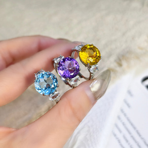 8 Anillos Ajustables de Cristal Tallado Redondo de 12mm de Alta Calidad, Piedra Natural, Plata 925, No se Deslustran, Joyería Nupcial para Boda y Noche - Product Image 3