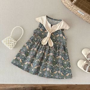 Abito Estivo 2026 Nuovo Stile in Puro Cotone Morbido per Bambina, Vestito Floreale Vintage con Colletto alla Marinara e Fiocco, Abito da Principessa - Product Image 4