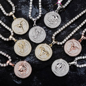 Oro rosa oro argento placcato 3 colori CZ diamante pavimentato moneta medaglione hip hop uomini <span class=keywords><strong>ariete</strong></span> collana dodici <span class=keywords><strong>gioielli</strong></span> zodiacali - Product Image 2