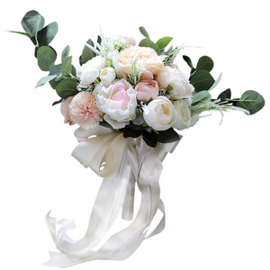 Bouquet de mariée de pivoine rose de feuilles d'<span class=keywords><strong>eucalyptus</strong></span> de forêt de mariage, bouquet de mariée en gros de fleur de soie rose de champagne artificiel - Product Image 1