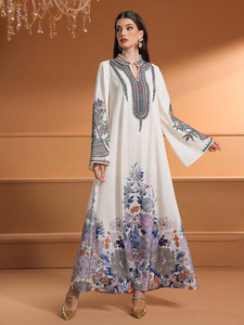 Khiêm tốn Muslim Trắng Maxi Dress đầy màu sắc thêu hoa in váy đa năng phong cách - Product Image 4