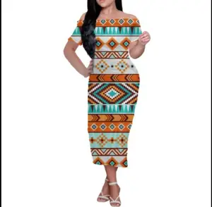 럭셔리 디자인 오프 숄더 라운지 스트레치 새틴 드레스 멕시코 아즈텍 한 어깨 섹시한 이브닝 드레스 여성 2022