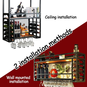 Porte-<span class=keywords><strong>vin</strong></span> en fer noir pour l'intérieur, porte-<span class=keywords><strong>vin</strong></span> mural multifonctionnel, peut contenir des verres - Product Image 2