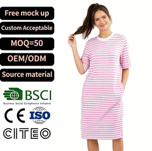 Vestido Camiseta de Manga Corta para Mujer, Estilo Maxi, Rayas Rosas, Casual, Transpirable, Ecológico, Lavable, Tejido Ponte Jersey, Servicio OEM - Product Image 1
