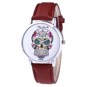 Reloj de pulsera de piel sintética con flores cruzadas de Catrina mexicana para mujer, de moda Vintage, informal, estilo geneva, Top Skull