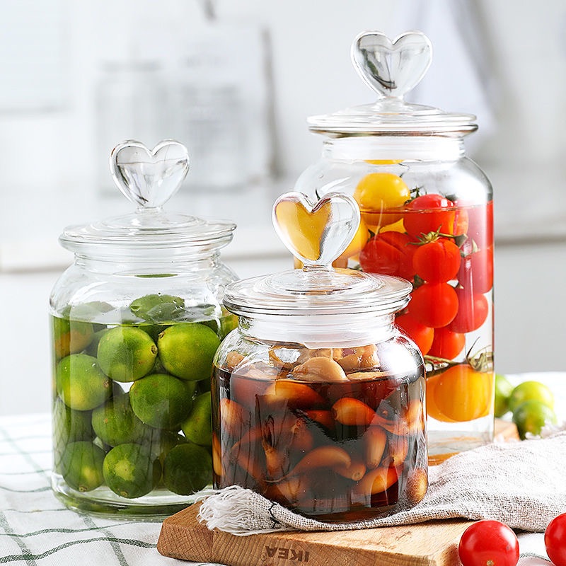 100~2000ml Love cover glass storage jar food-grade sealed jar kitchen grains storage bottle with lid size