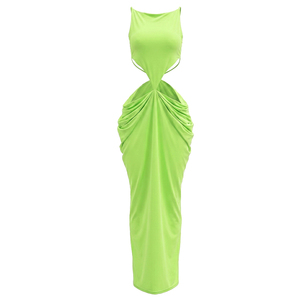 Robe longue plissée moulante et élégante sans manches à bretelles et dos nu de couleur unie pour femme Viviblook D26DS164 - Product Image 5