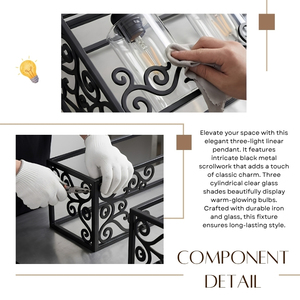 Suspension linéaire à 3 lumières en métal noir mat avec motifs ajourés élégants pour îlot de cuisine - Product Image 2