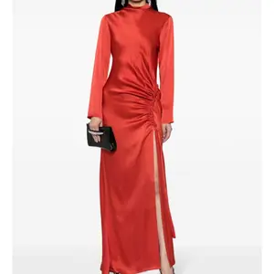 New Design Maxi Long Sleeve Stand Collar Maxi Custom Elegant Satin Dress For Women