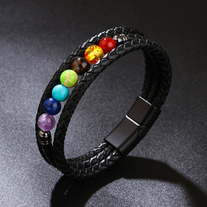 Bracelet en cuir tissé pour homme avec perles de sept couleurs et fermoir magnétique, bijoux tendance - Product Image 1
