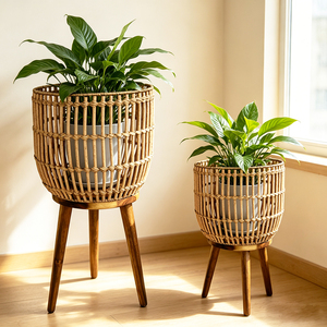 Supporto per Piante in Rattan Intrecciato a Mano con Gambe in Legno, Cesto <span class=keywords><strong>Portafiori</strong></span> in <span class=keywords><strong>Vimini</strong></span> per Interni ed Esterni, Portavaso da Terra per Arredamento Casa - Product Image 6