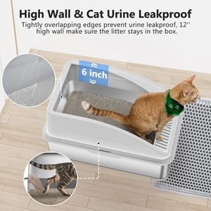 Bac à litière pour chat extra large en acier inoxydable avec côtés hauts, anti-fuite, non collant, ouverture supérieure, comprend un tapis et une pelle - Product Image 4