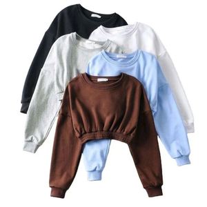 Venta al por mayor 100% algodón hombro caído Unisex gran tamaño cuello redondo bordado personalizado sólido hombro caído recortado Sudadera Mujer - Product Image 1