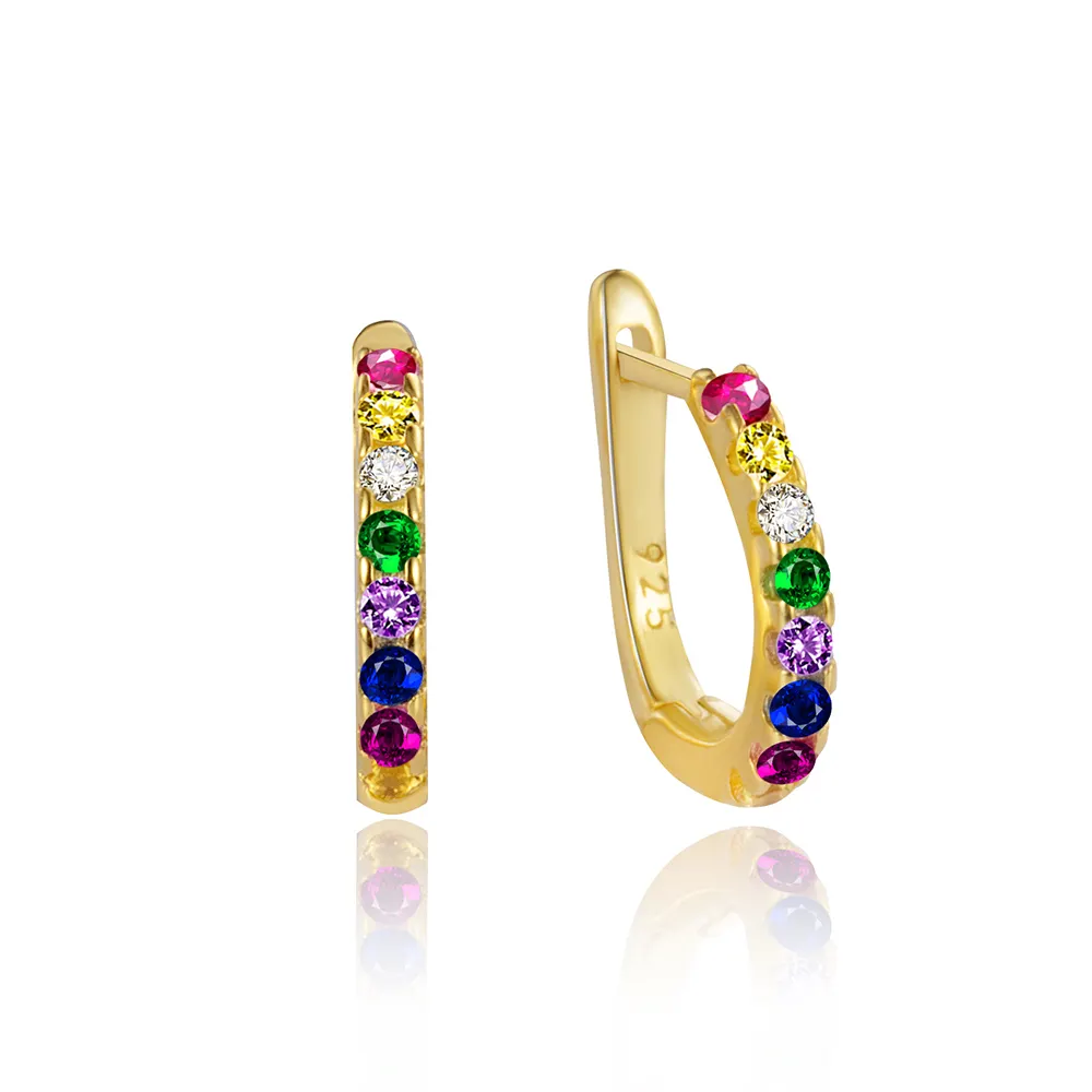 Fine Jewellery Rainbow Zircon Buckle Earrings Women 18K Gold Plated 925 Sterling Silver Hoop Earrings Fashion Jewelry For Girls