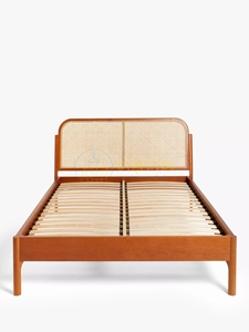 Cadre de lit en bois de style mi-siècle avec tête de lit en rotin courbé, sommier à lattes et pieds effilés – Élégant mobilier de chambre moderne - Product Image 1