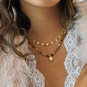 Tiger's Eye Natural Stone <b>Beaded</b> <b>Necklace</b> With Gold Pendant For Fashion Jewelry - Product Image 3