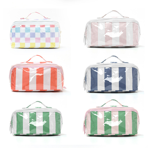 Sac de rangement pour maquillage en PVC imperméable extensible tendance, motif damier, grande capacité, sac de toilette rayé pour la salle de bain - Product Image 6