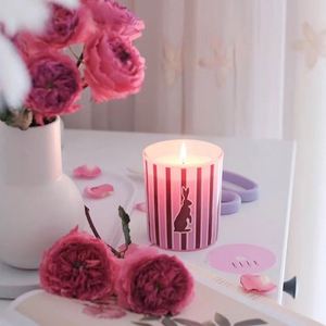 Pot à bougie en métal rayé rose Mescente avec couvercle, design lapin de Pâques - Product Image 4