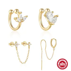 Gaby nueva plata esterlina 925 pendientes colgantes circón gota de agua cartílago dorado Piercing falso joyería al por mayor para mujeres