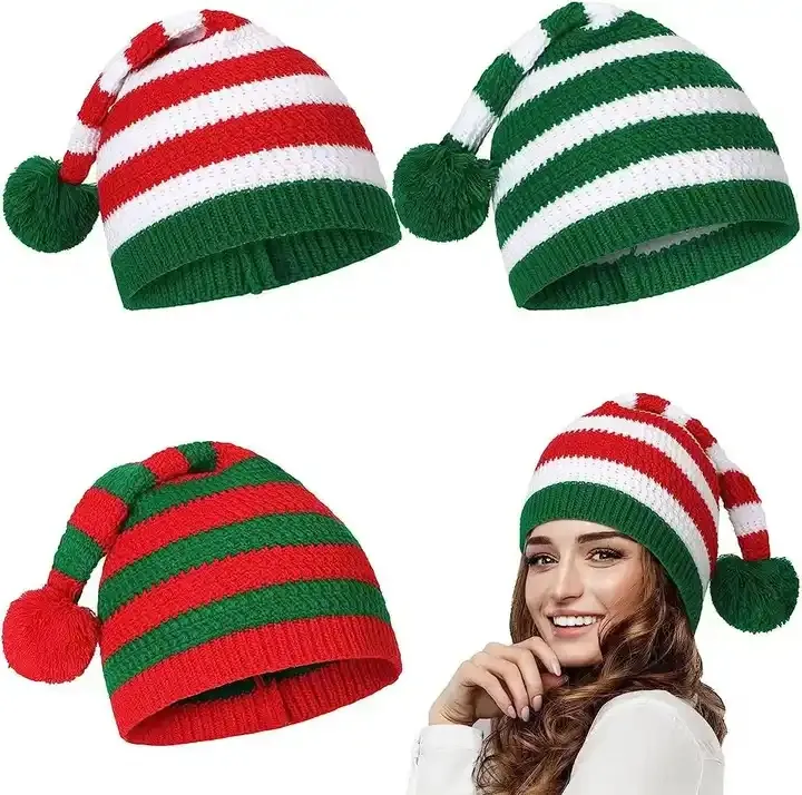 หมวกถัก K1076ไหมพรมสำหรับผู้ใหญ่หมวกถักไหมพรมลายคริสต์มาสสีแดงและเขียว