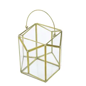 Customized Height Geometric Candle Holder Glass Coppery Frame Portable Multi-function Candlestick Hurricane Lamp With Handle