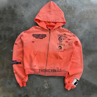 Sweat à capuche zippé streetwear coupe ample 100% coton, design personnalisé OEM/ODM, impression artistique multi-textes, effet vieilli vintage délavé à l'acide
