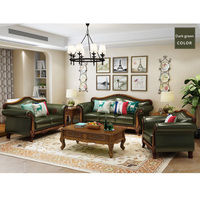Ensemble de Canapés Européens Classiques en Bois Massif et Cuir Véritable de Luxe 1 2 3 Places, pour Salon, Maison et Hôtel (Vente en Gros)