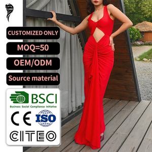 Vestido largo rojo sexy con cuello halter para mujer, con aberturas y fruncido, ajustado al cuerpo, para fiesta formal de noche - Product Image 1