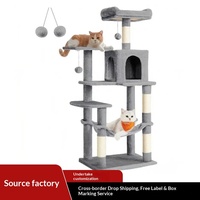 Arbre à chat moderne de luxe en bois massif, avec condo en peluche gris clair, poteaux à gratter, structure d'escalade à 2 niveaux, emballage en carton