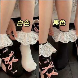 <b>Lace</b> <b>Socks</b> White Women Short Mid Calf Korean Style Sweet Breathable Sweat Absorbing Polyester Fiber - Product Image 5