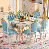 Table à manger rectangulaire en chêne massif de style européen, avec plateau en marbre antique, ensemble de salle à manger de luxe doré blanc pour restaurant et maison