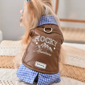 Chaqueta de Cuero para Perro con Cuello a Cuadros, Abrigo de Invierno para Mascotas con Forro Polar y Anillo para Arnés, Ropa para <span class=keywords><strong>Cachorros</strong></span> al por Mayor - Product Image 3