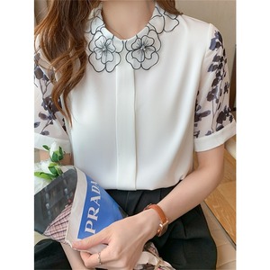 Blusa de Mujer Elegante de Chifón con Estampado Floral Vintage, Cuello Peter Pan y Manga Corta para Verano, Nueva Colección 2026 - Product Image 4