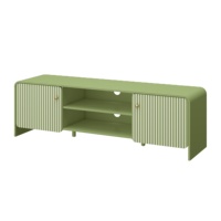 Meuble TV cannelé en MDF vert matcha, console multimédia moderne, motif soleil levant, rangement ouvert, gestion des câbles pour salon d'appartement