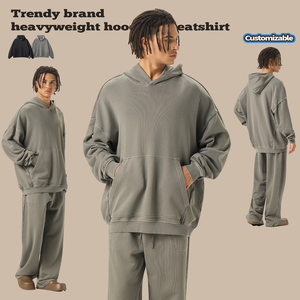 Sweat à capuche en molleton bouclette 420G en pur coton lavé, style américain, personnalisable avec logo, pour survêtement - Product Image 3