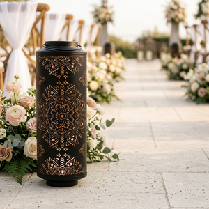 Portavelas votivas altos de metal negro al por mayor con diseño de mandala calado para decoración de bodas - Product Image 2