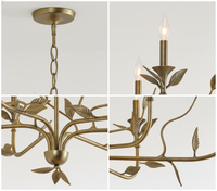 Lustre botanique en gros, style campagnard français, en laiton forgé, avec accents de feuilles métalliques, pour table à manger longue, îlot, certifié UL/CE
