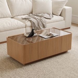 Table basse convertible avec plateau en verre de 46,8 pouces, style mid-century, tiroirs cachés, en MDF noyer naturel, meuble rectangulaire moderne pour salon - Product Image 2