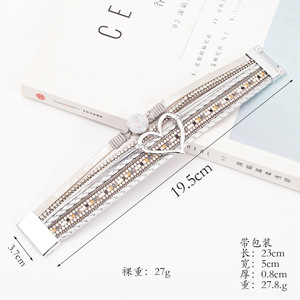 Bracelet en cuir PU large multirangs style bohème avec tresses, <span class=keywords><strong>grand</strong></span> cœur creux doré, pierres brutes et cristaux colorés - Product Image 6