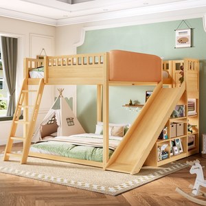 Cama tipo loft tamaño <span class=keywords><strong>Queen</strong></span> con cabecero tapizado y estantes de almacenamiento, completa con escalera y tobogán, color natural - Product Image 2