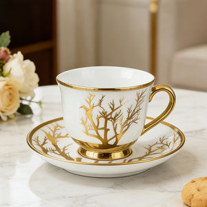 Service à thé en céramique décoré plaqué or de luxe, fabriqué en Jordanie, tasses à café turques en porcelaine fine avec soucoupes pour café et mariage - Product Image 5