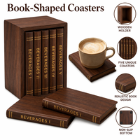Ensemble de 5 sous-verres de luxe faits à la main en forme de livre en noyer avec support, gravure laser BEVERAGES I V, pour la décoration de bar à domicile ou de mariage